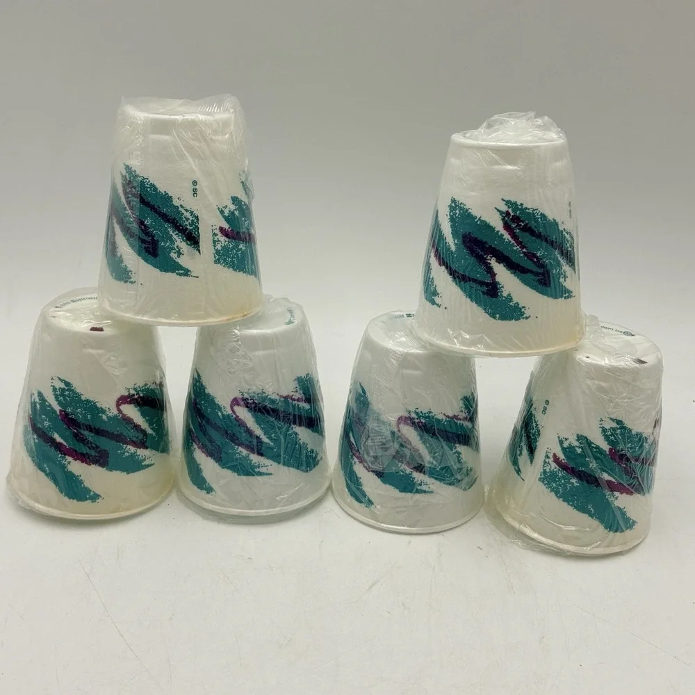 6X - VTG 90's Sweetheart Styrofoam Cup 8oz Jazz Design‎ Teal Individual Wrapped